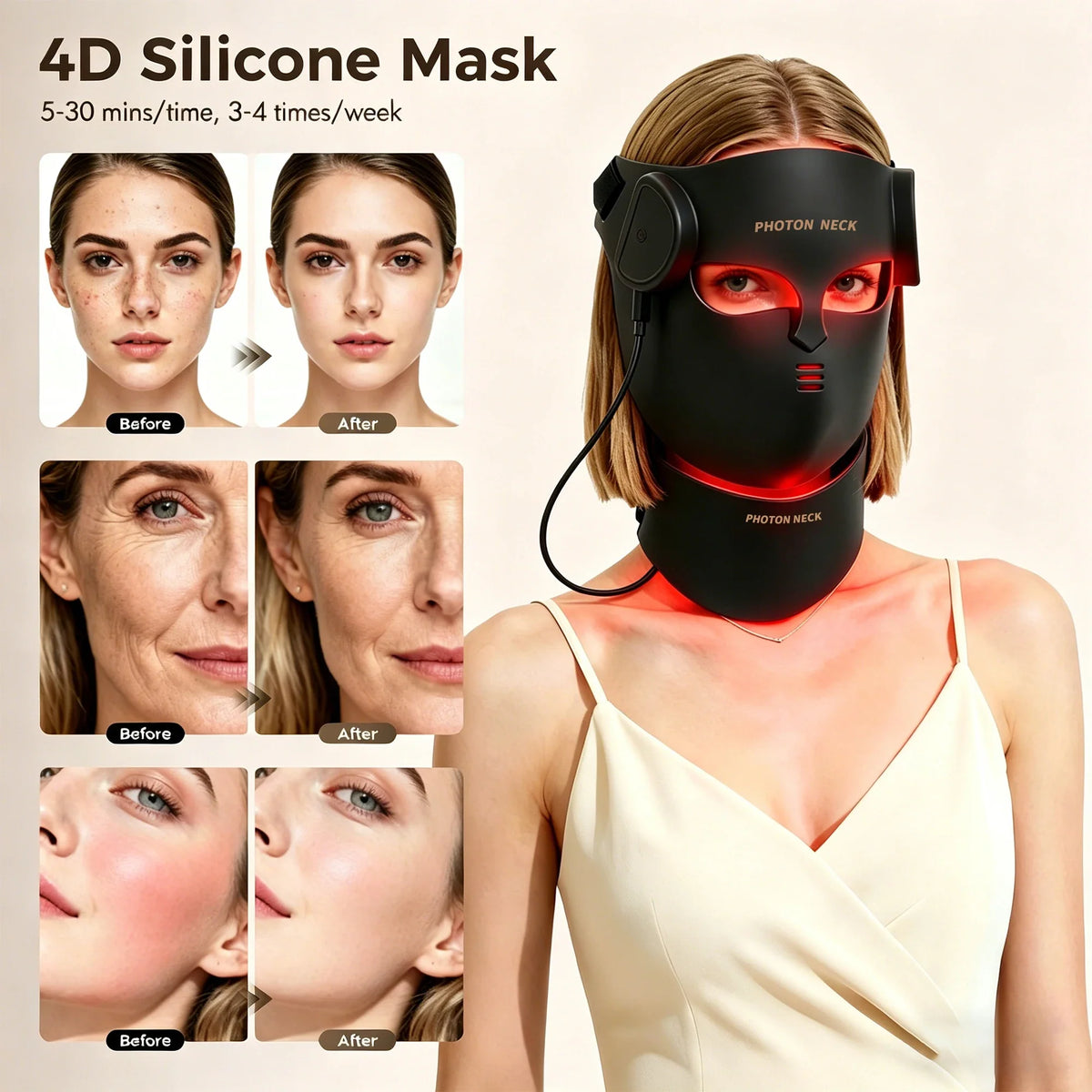 Red Light Therapy Mask Full-Face & Neck Coverage USB-Powered