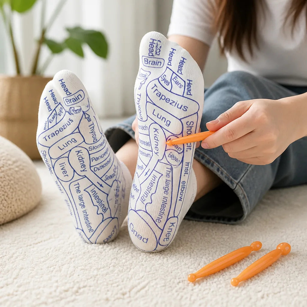 Reflexology Socks Marked Acupressure Points & Two Massage Sticks