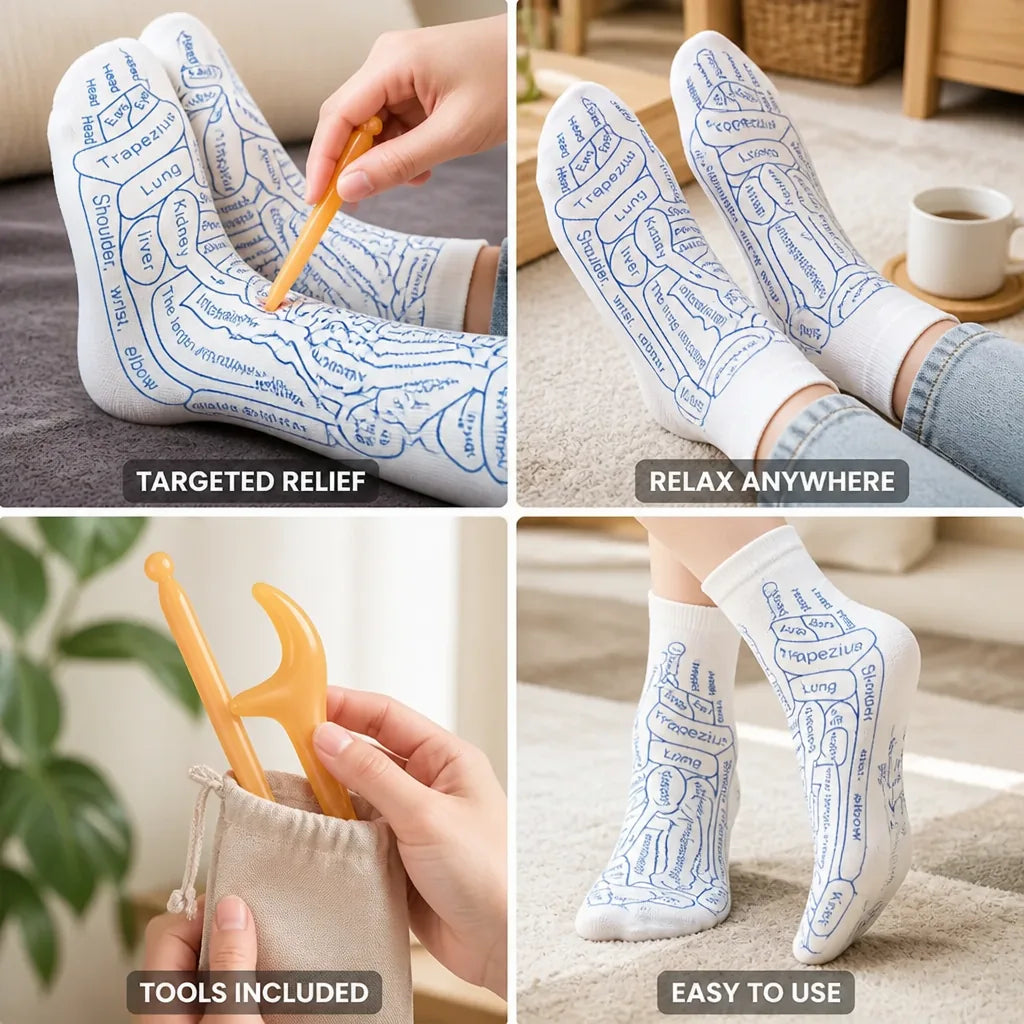 Reflexology Socks Marked Acupressure Points & Two Massage Sticks