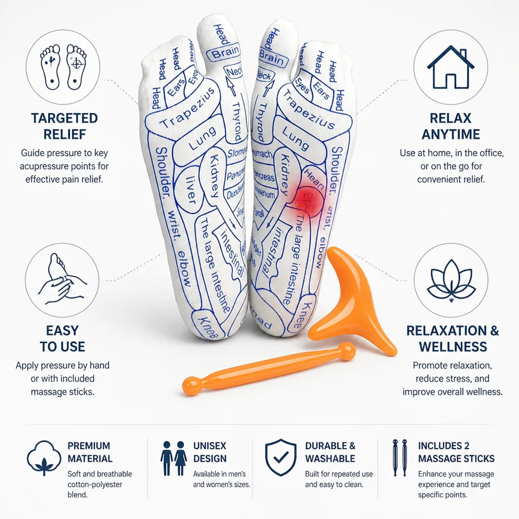 Reflexology Socks Marked Acupressure Points & Two Massage Sticks