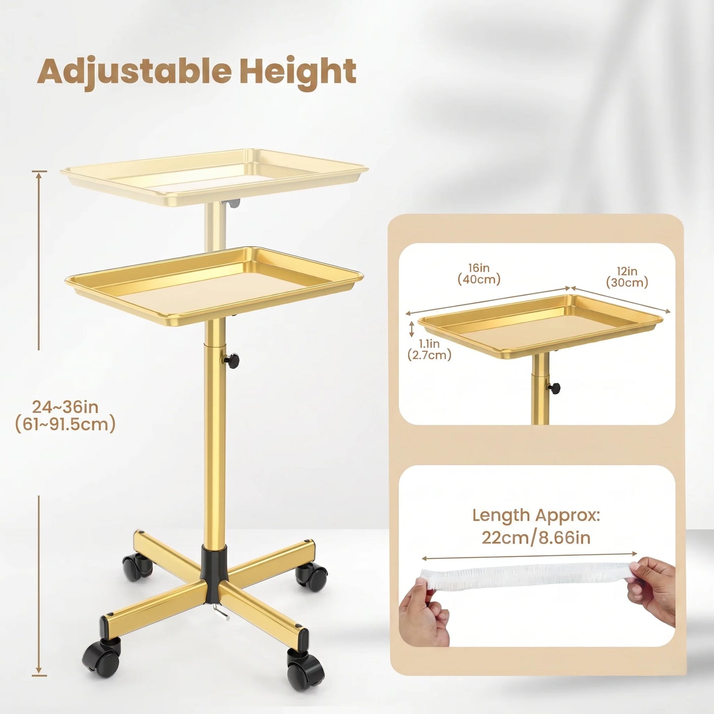 Rolling Salon Cart Adjustable Height Protective Covers & Smooth Wheels