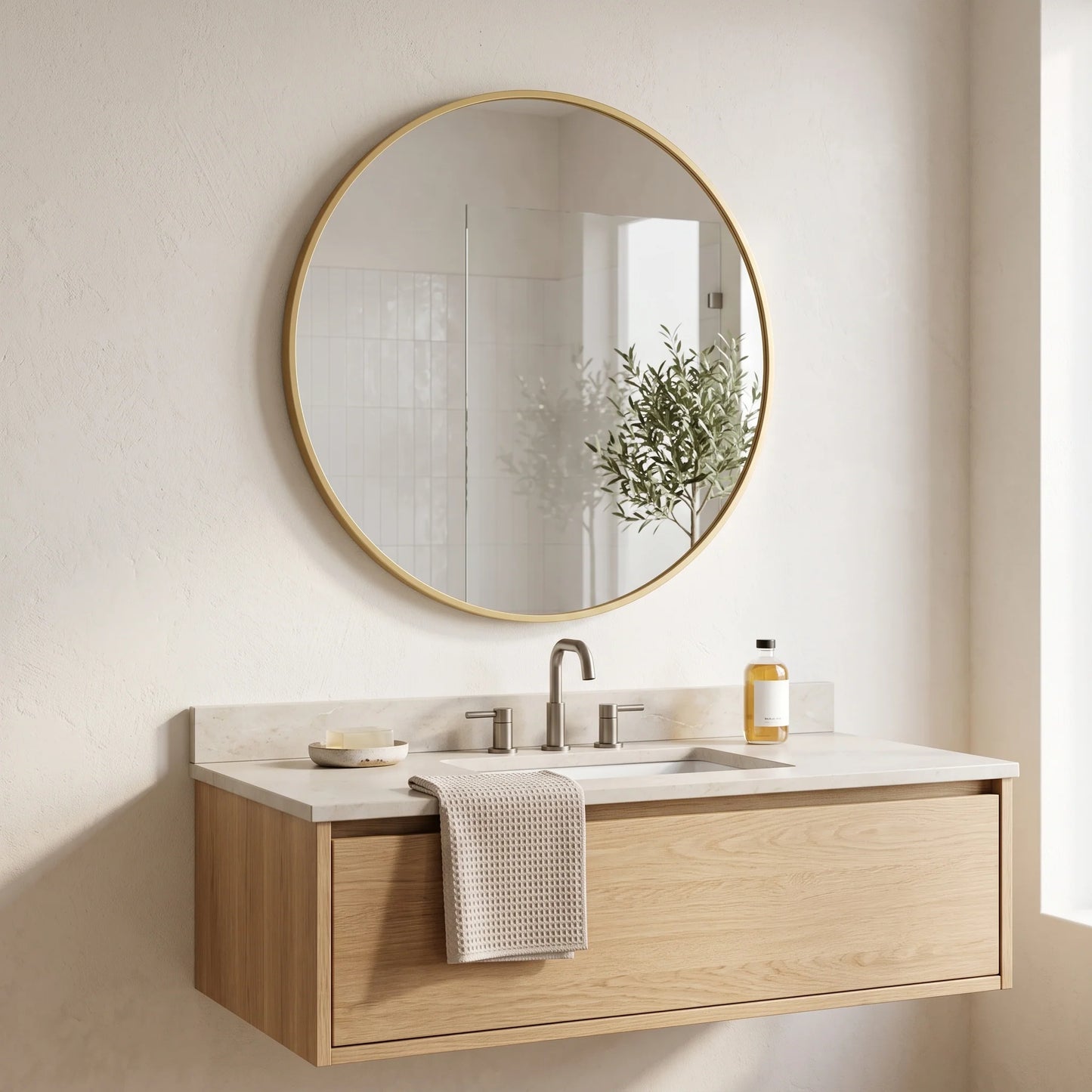 Round Wall Mirror Tempered Glass & Metal Frame