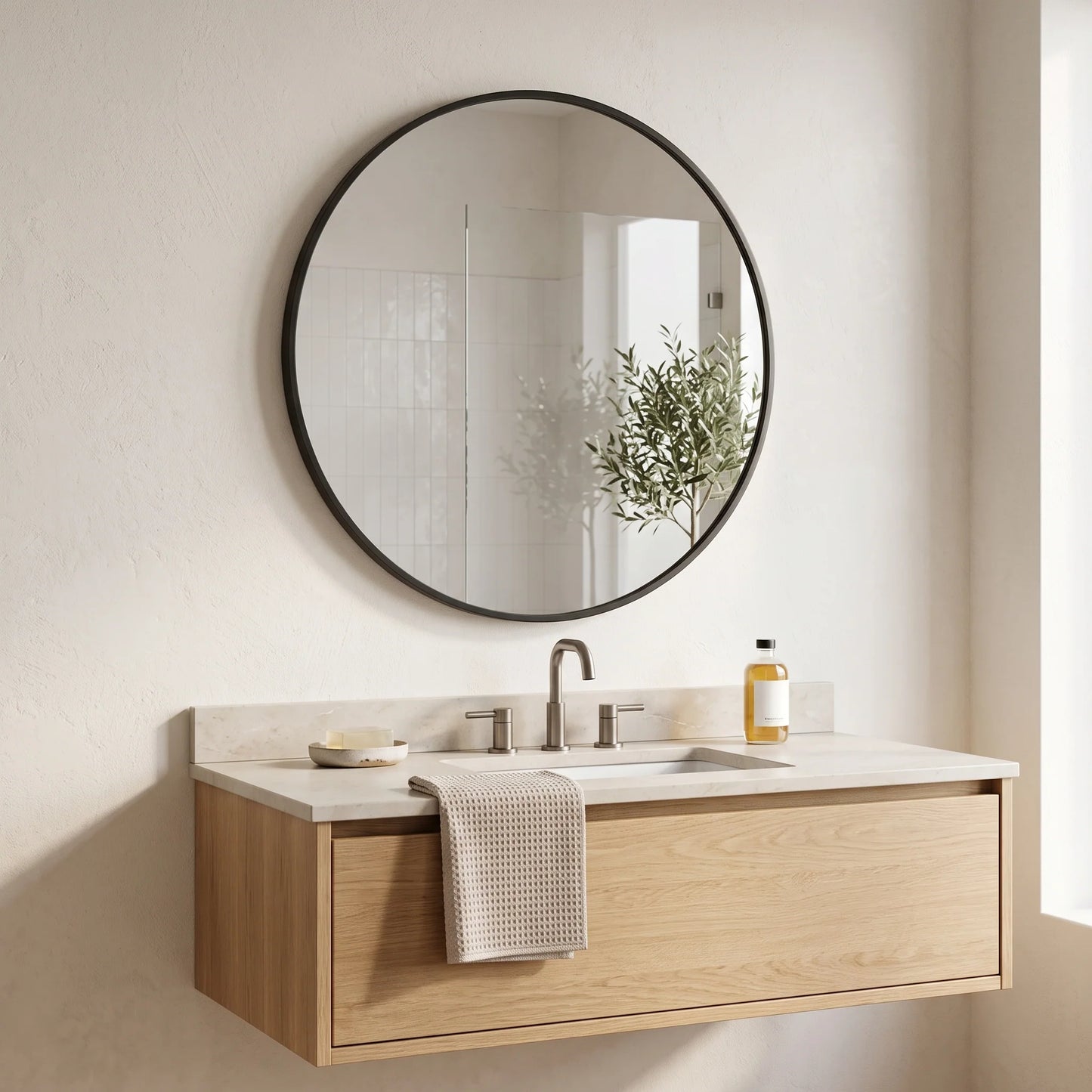 Round Wall Mirror Tempered Glass & Metal Frame