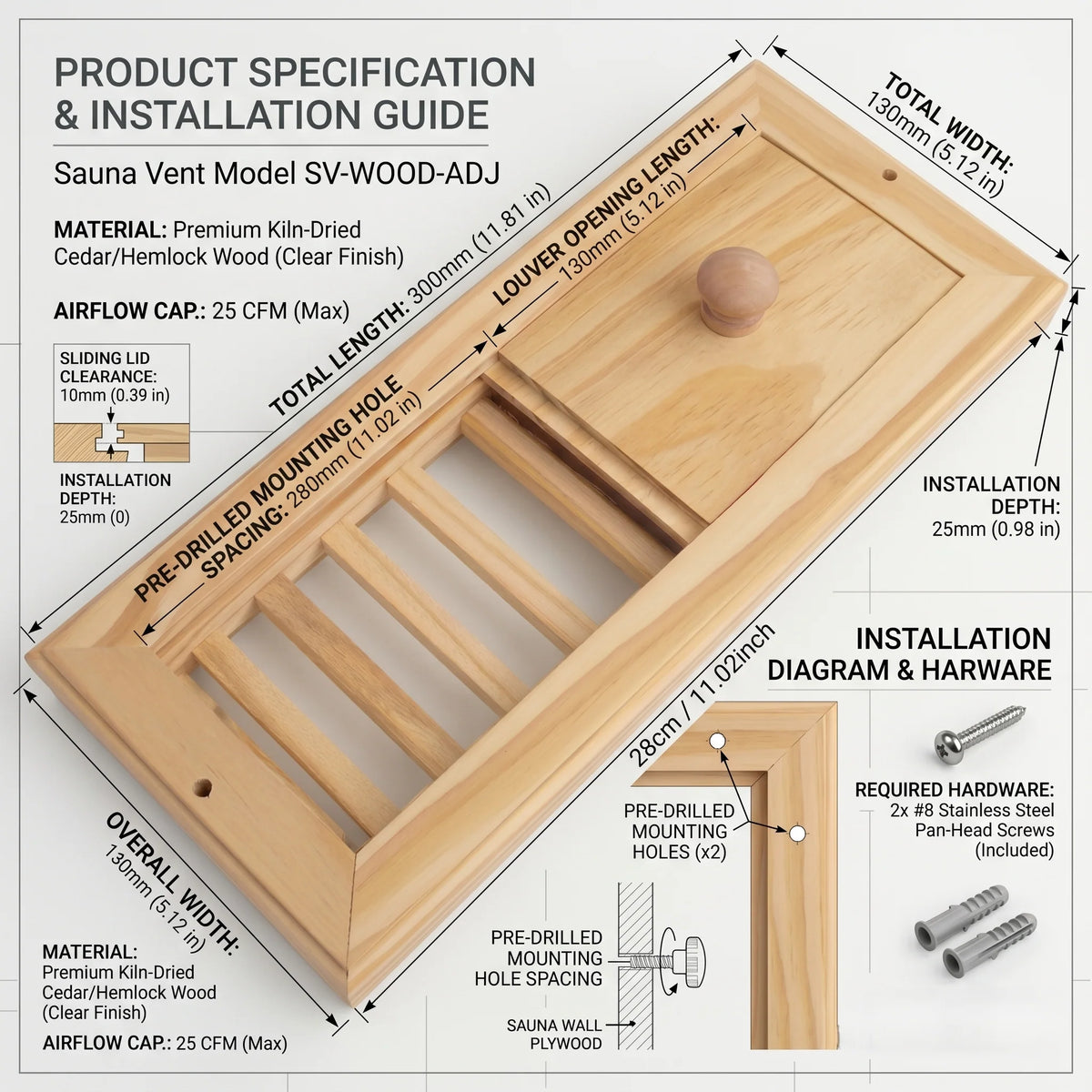 Sauna Air Vent Adjustable Airflow Tool-Free Installation