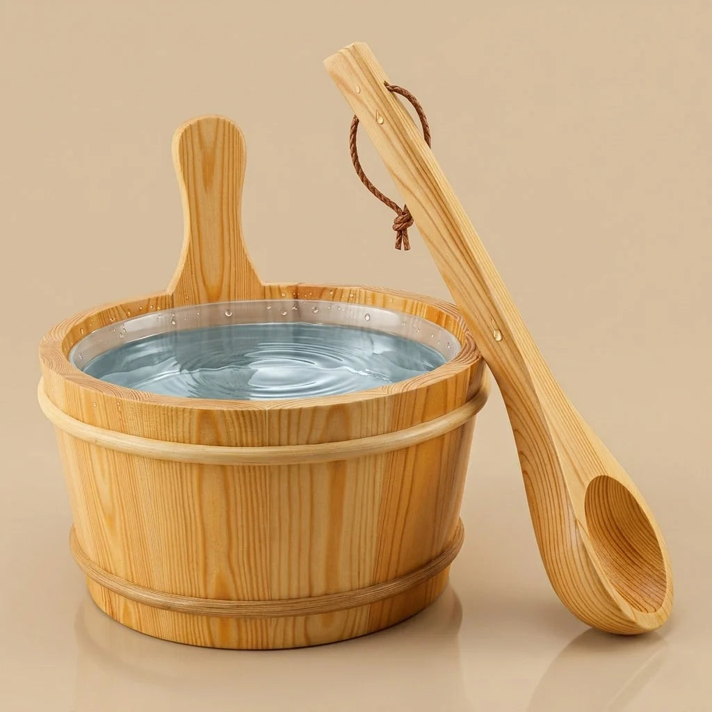 Sauna Bucket Set Wood Stainless Steel Liner & Ladle