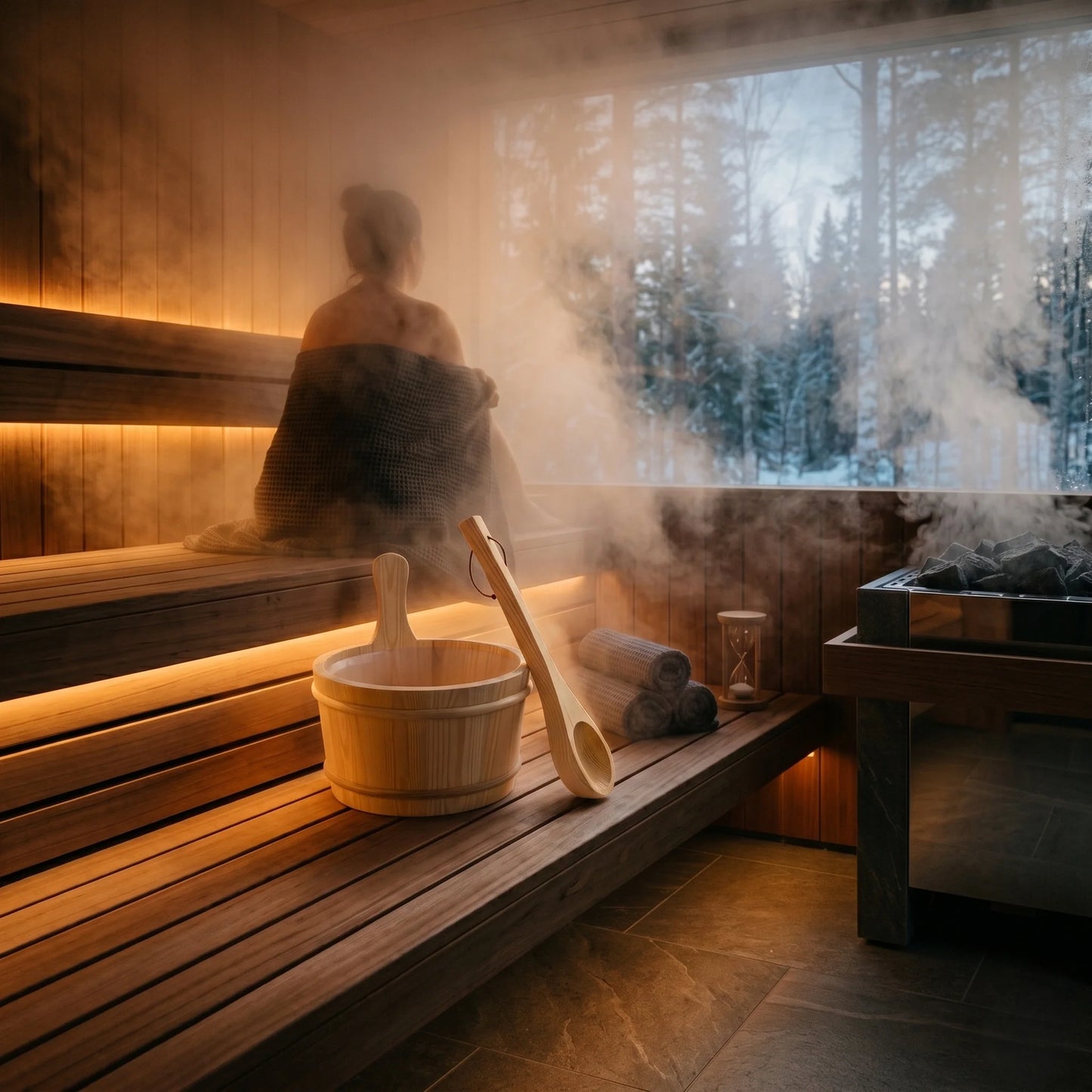 Sauna Bucket Set Wood Stainless Steel Liner & Ladle