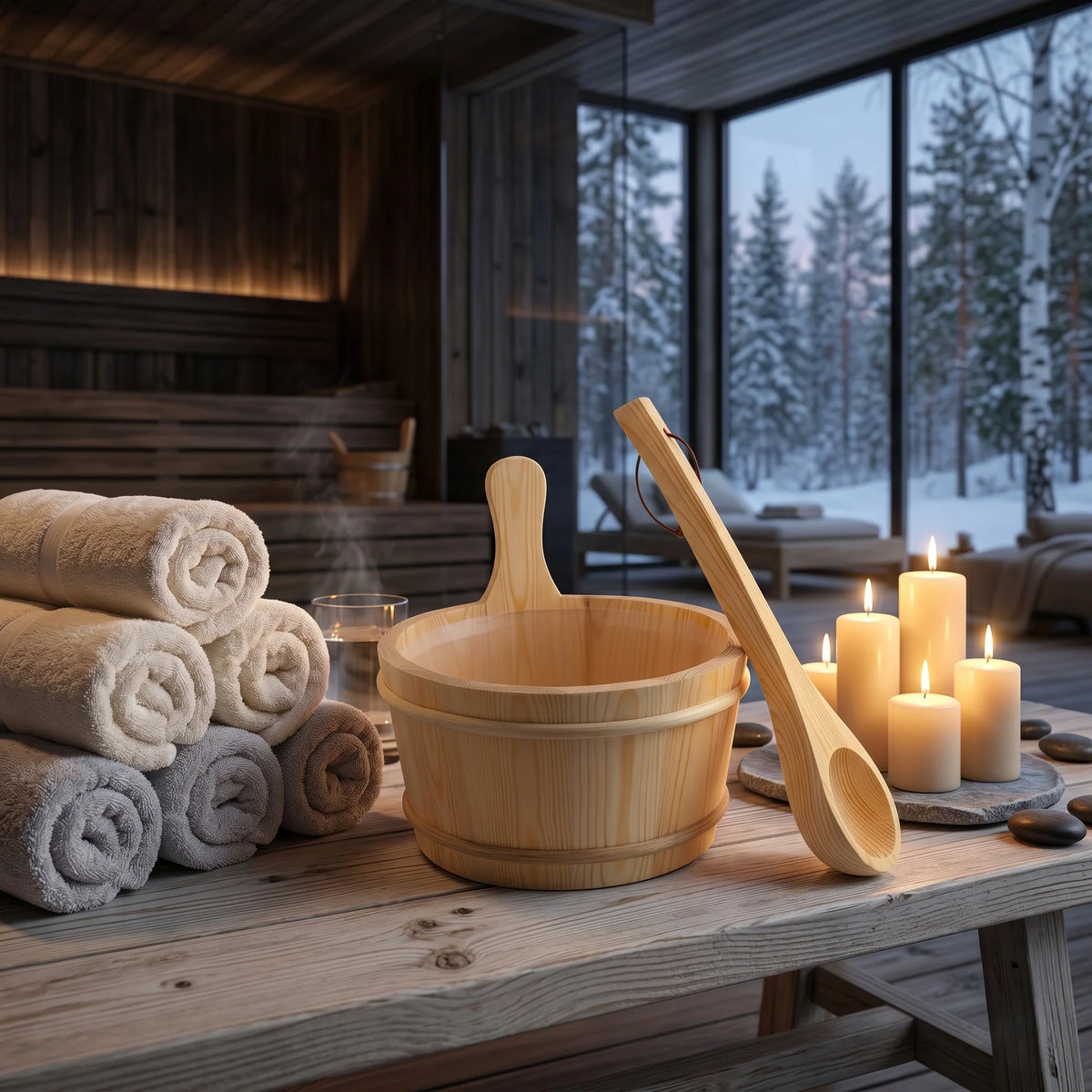Sauna Bucket Set Wood Stainless Steel Liner & Ladle