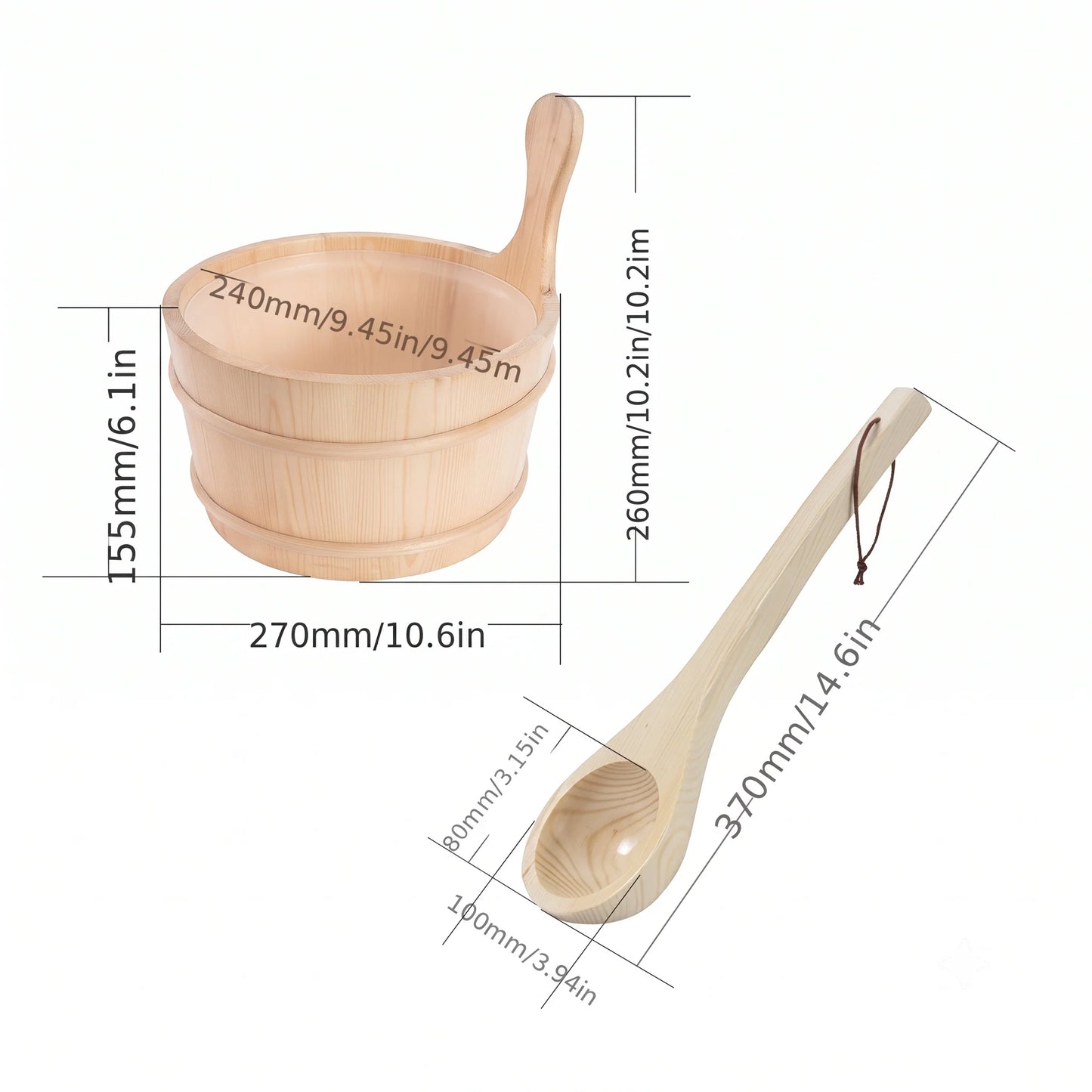 Sauna Bucket Set Wood Stainless Steel Liner & Ladle