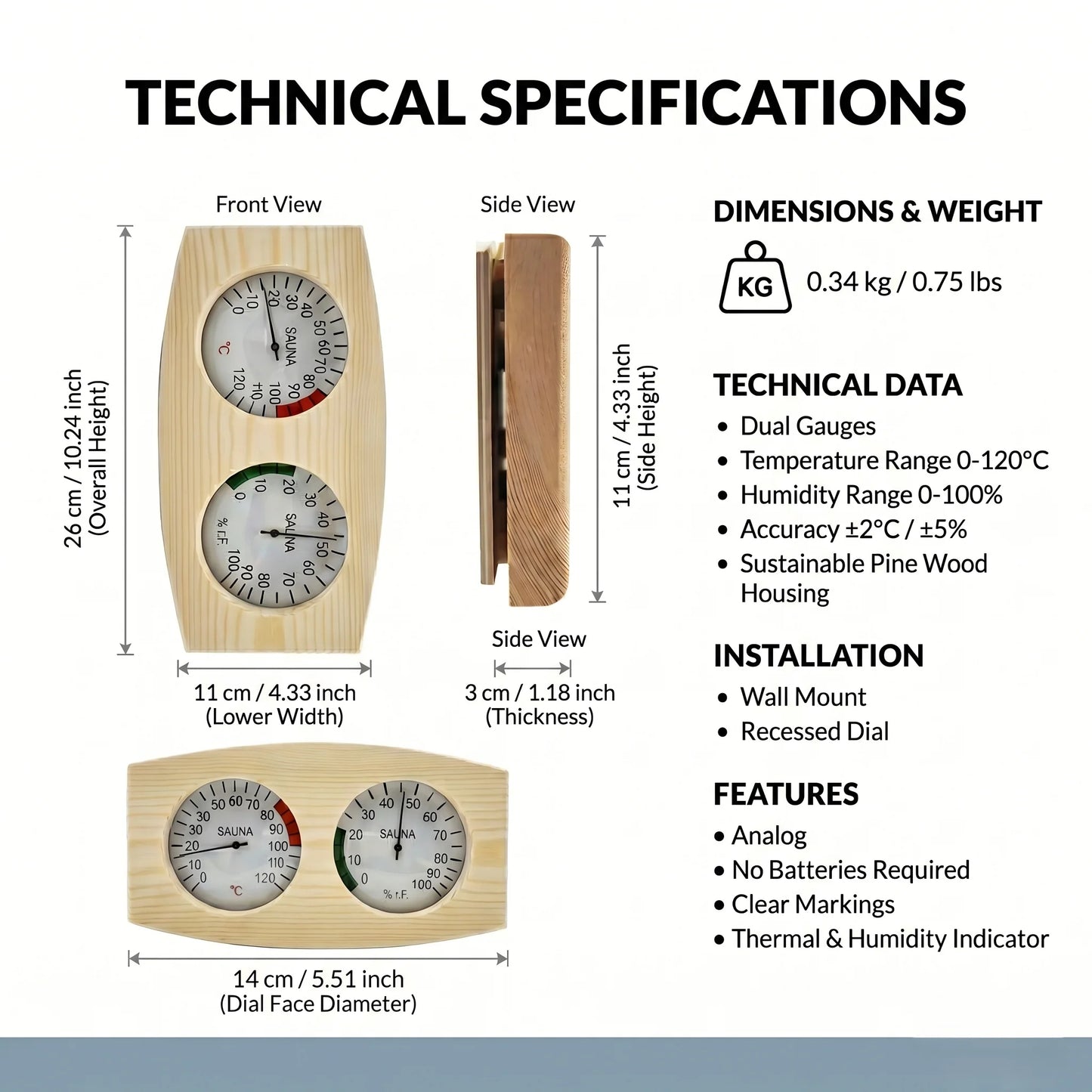 Sauna Thermometer & Hygrometer Wood Wall Mount Easy-Read Analog