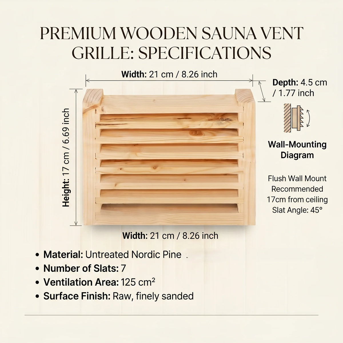 Sauna Vent Grille Slatted Wood Wall-Mount Easy Install