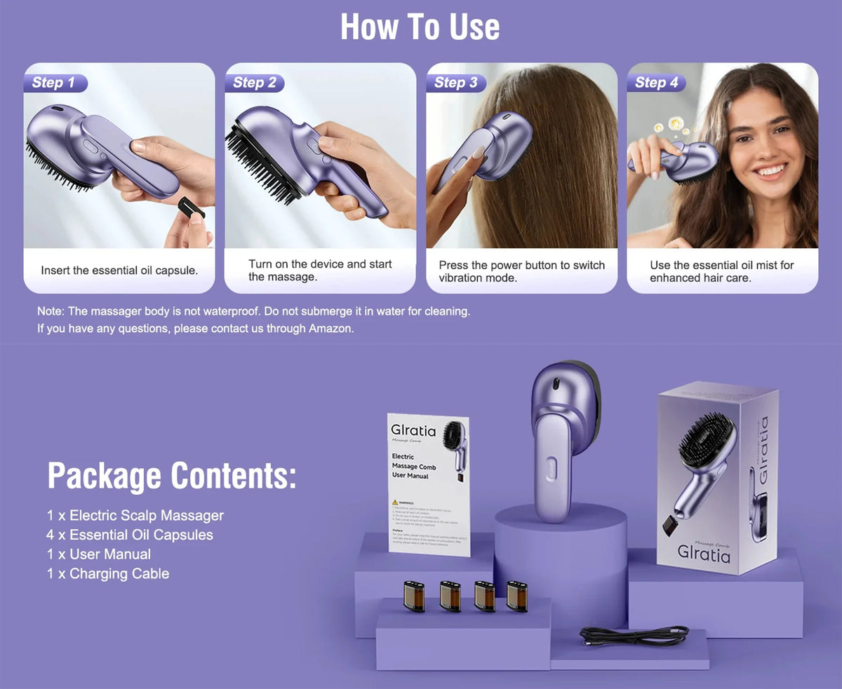 Scalp Massager Brush Vibration & Oil Atomizer USB Rechargeable