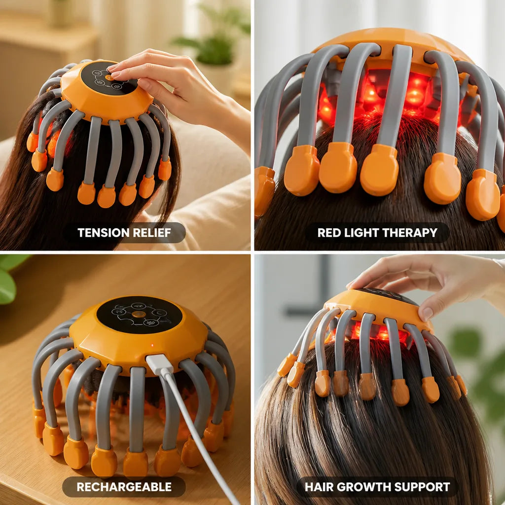 Scalp Massager Rechargeable Vibrating Tentacles & Red Light