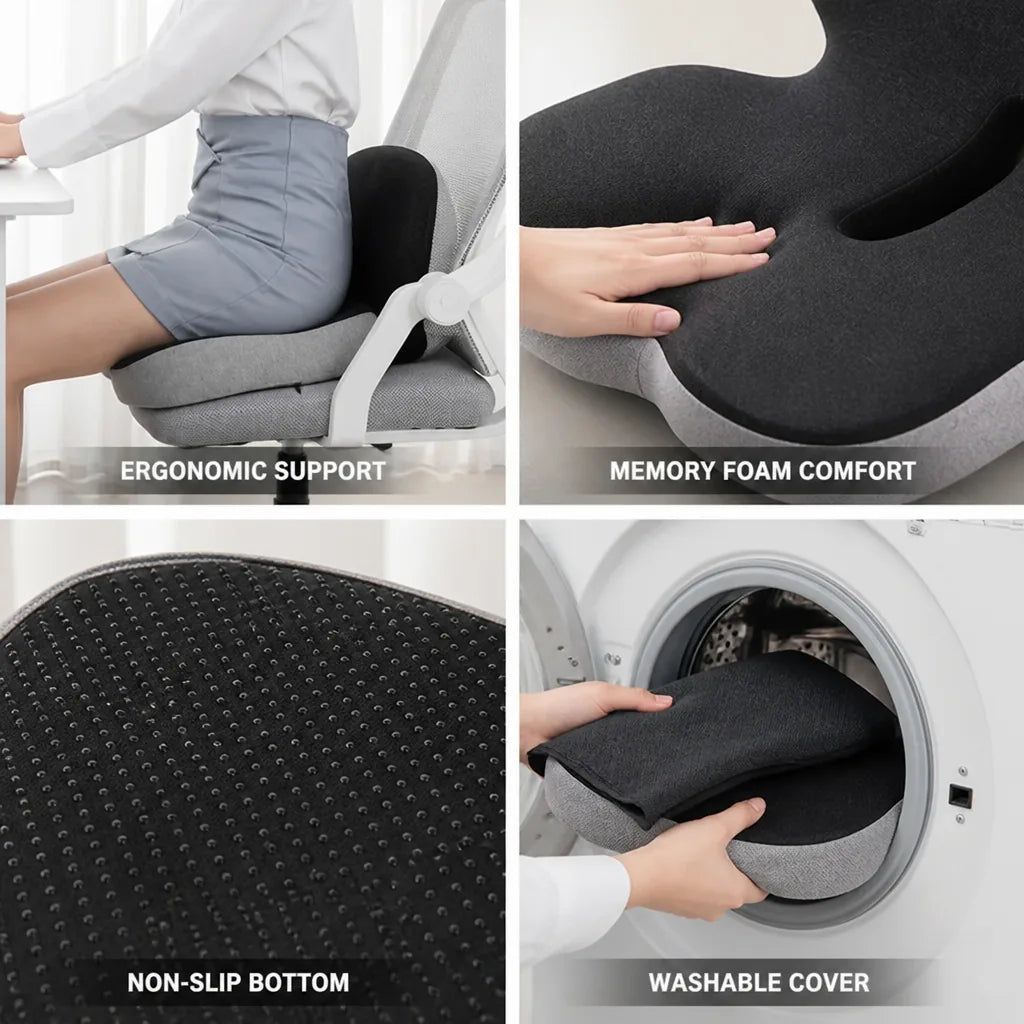 Seat Cushion Ergonomic Memory Foam Non-Slip & Washable Cover