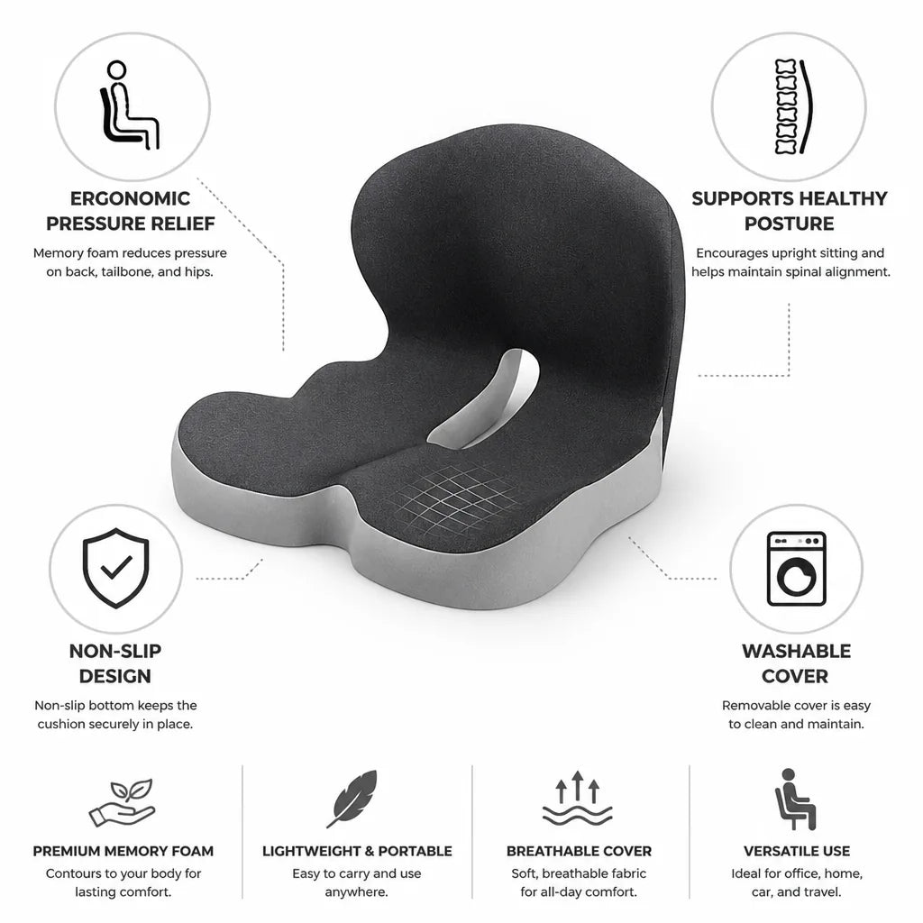 Seat Cushion Ergonomic Memory Foam Non-Slip & Washable Cover