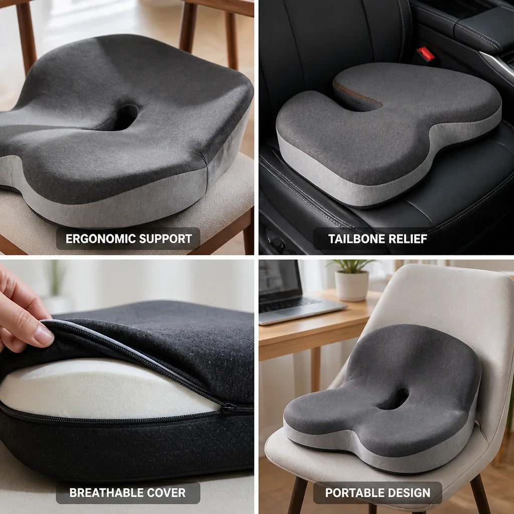 Seat Cushion Ergonomic Tailbone Cutout Back & Hip Relief