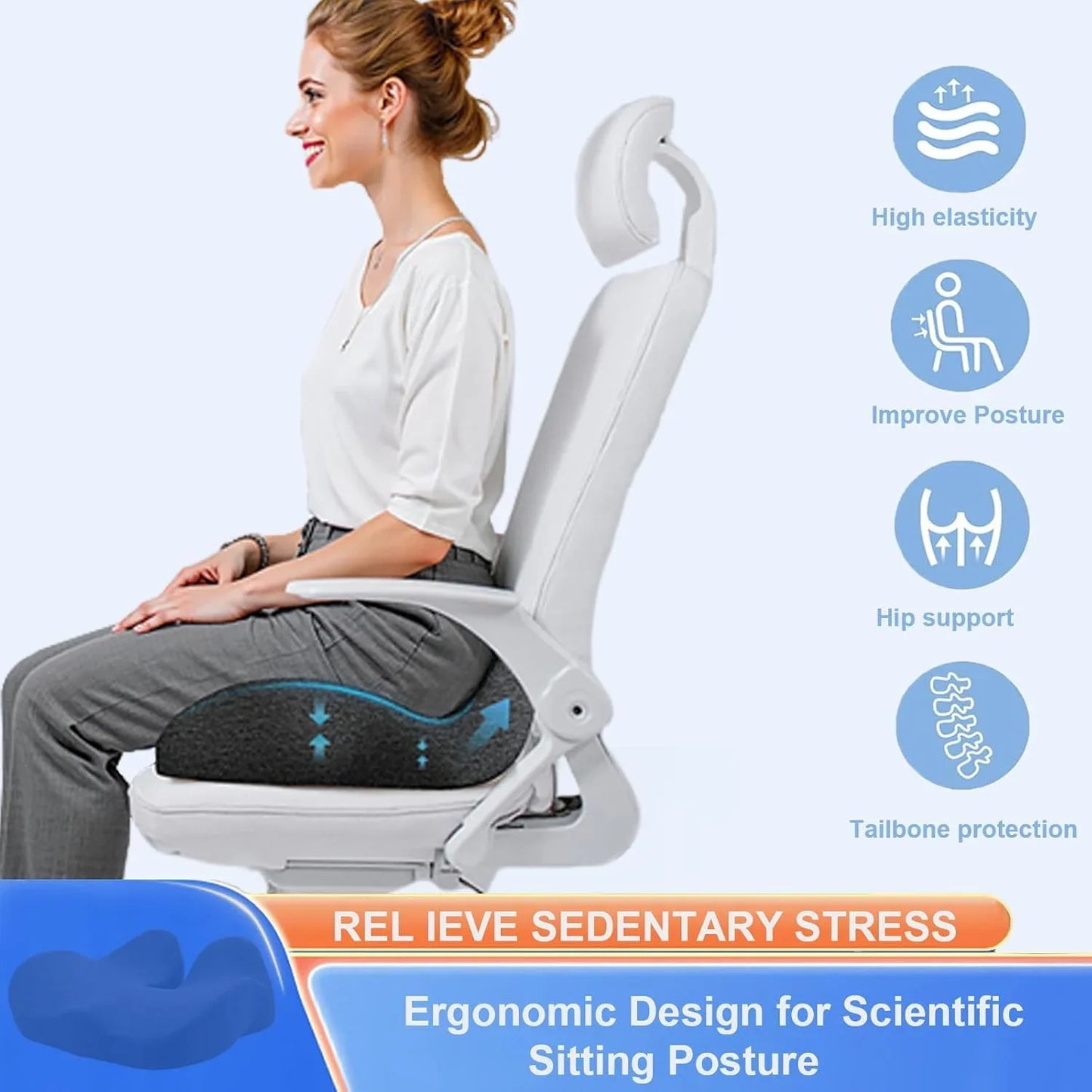 Seat Cushion Extra-Thick Memory Foam Wide Ergonomic Washable Cover