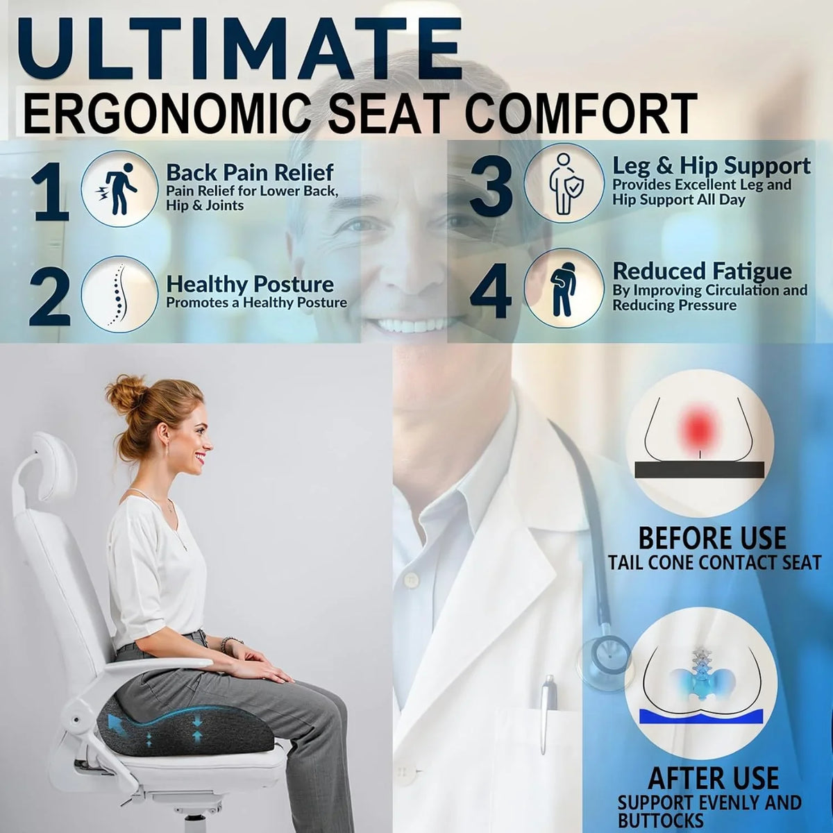 Seat Cushion Extra-Thick Memory Foam Wide Ergonomic Washable Cover