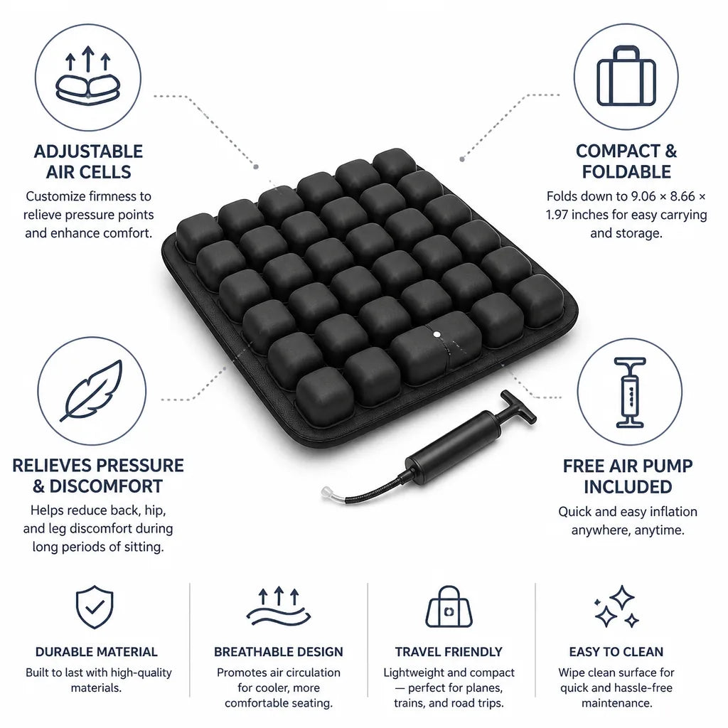 Seat Cushion Inflatable Adjustable Air Cells Includes Pump