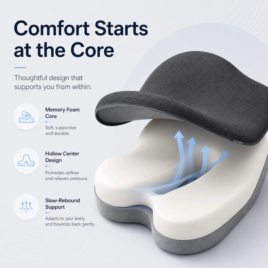Seat Cushion Memory Foam Coccyx Cutout & Lumbar Support