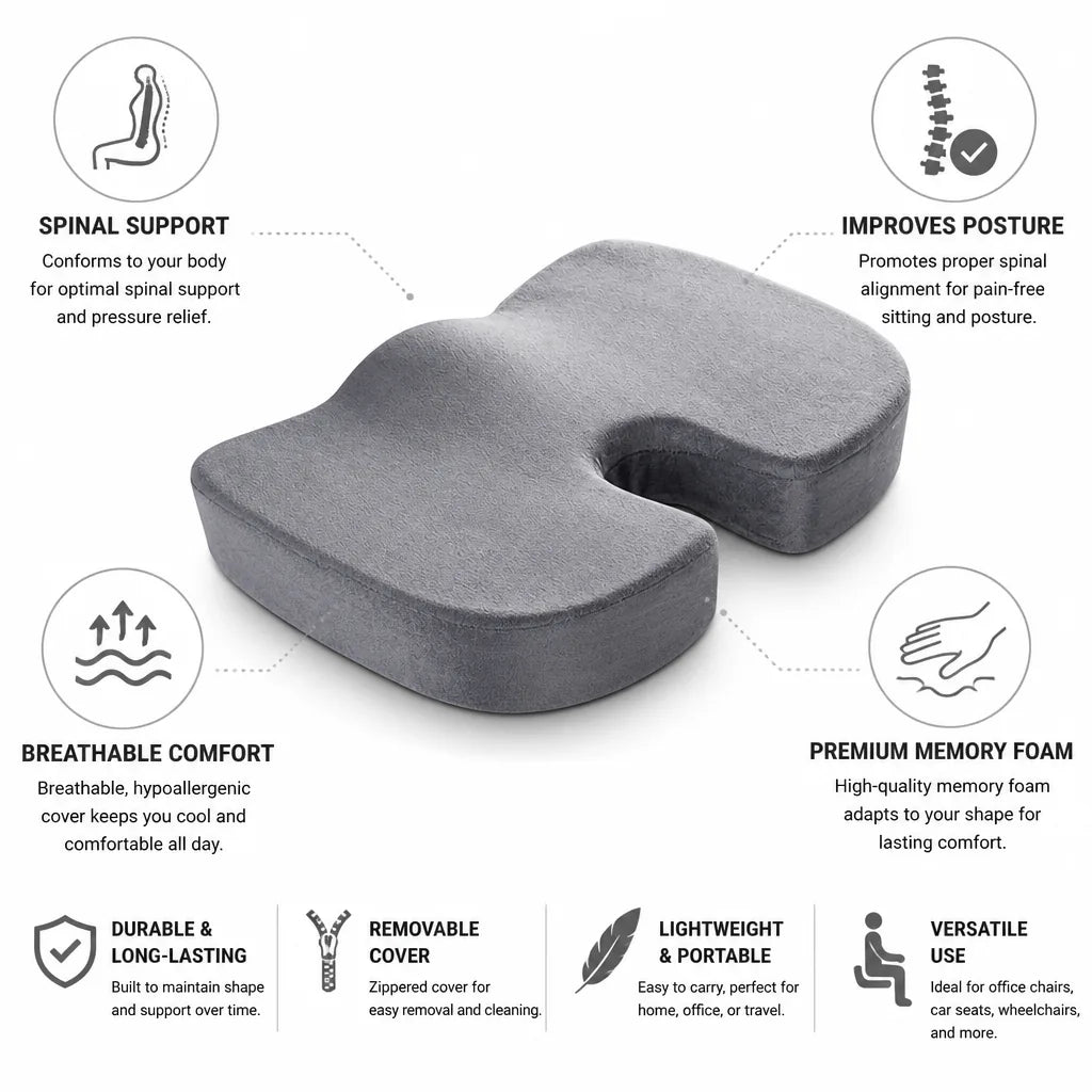 Seat Cushion Memory Foam Orthopedic Breathable Cover