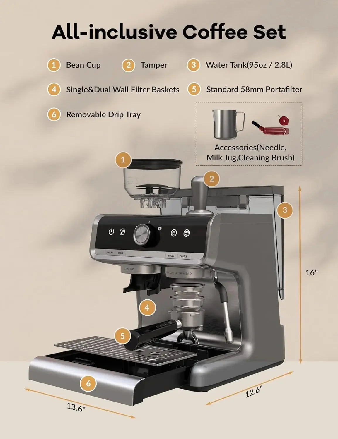 Semi-Automatic Espresso Machine Integrated Conical Burr Grinder 30 Settings