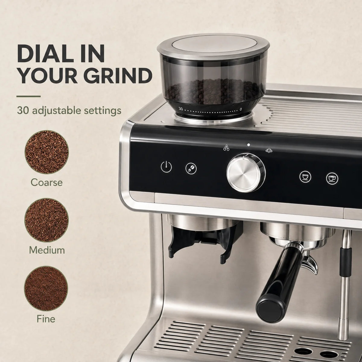 Semi-Automatic Espresso Machine Integrated Conical Burr Grinder 30 Settings