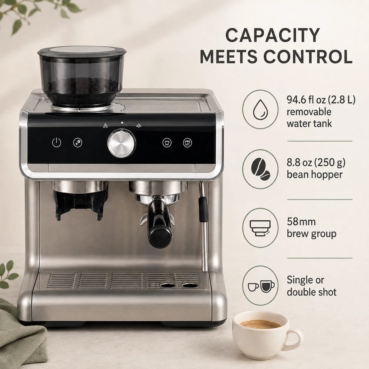 Semi-Automatic Espresso Machine Integrated Conical Burr Grinder 30 Settings