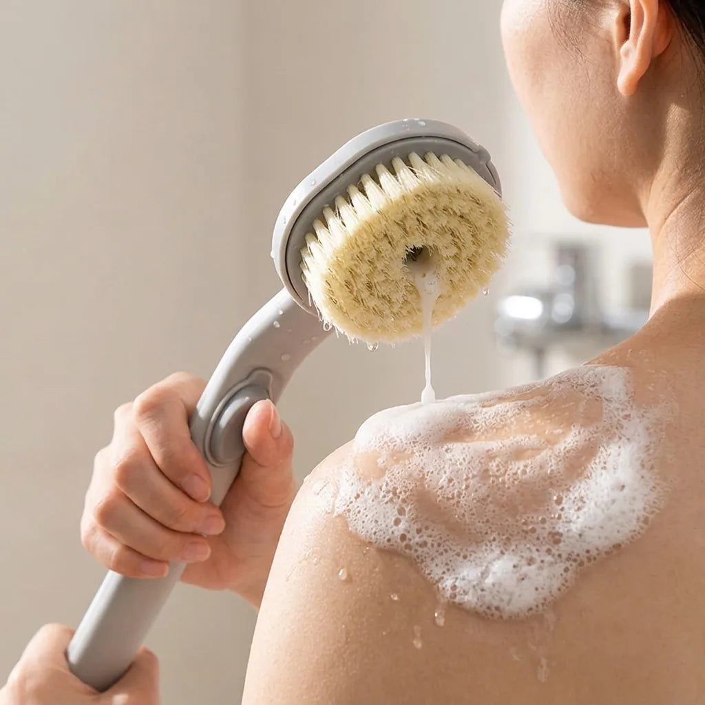 Shower Brush Long Curved Handle Built-In Soap Dispenser
