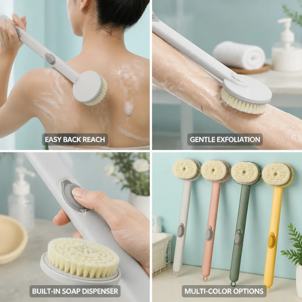 Shower Brush Long Curved Handle Built-In Soap Dispenser