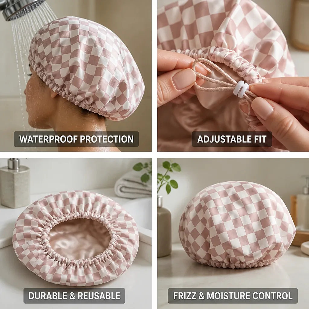 Shower Cap Waterproof Adjustable Fit Frizz Protection