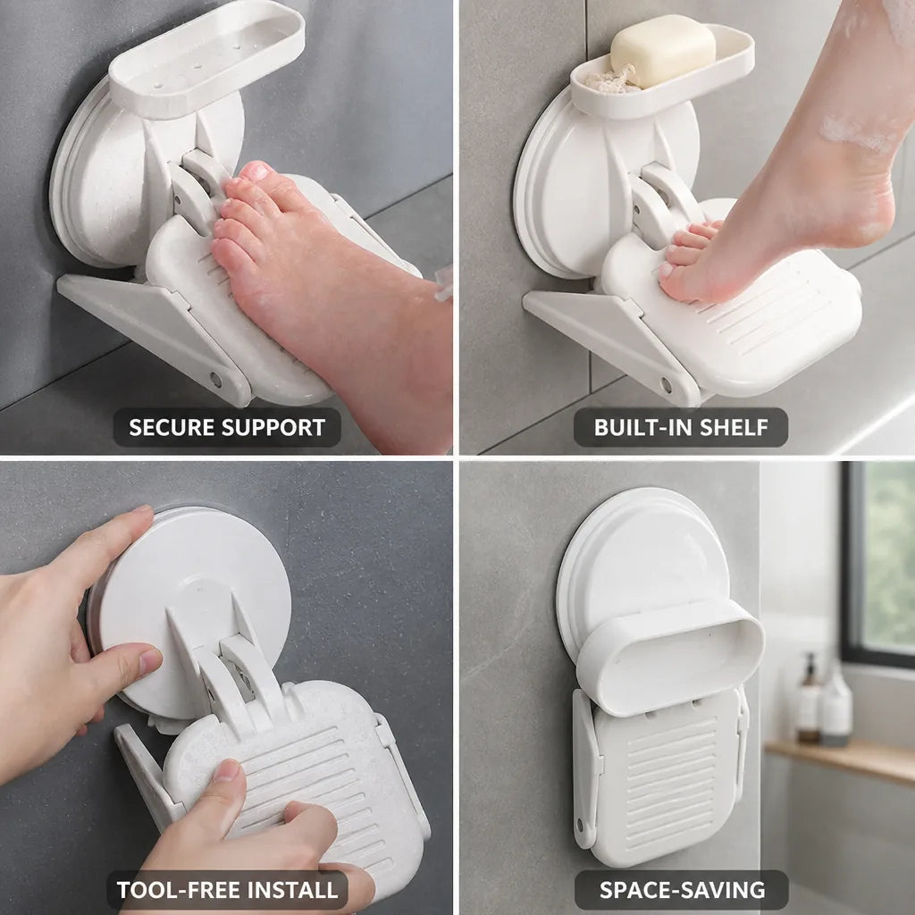 Shower Footrest Suction Mount Non-Slip Integrated Shelf