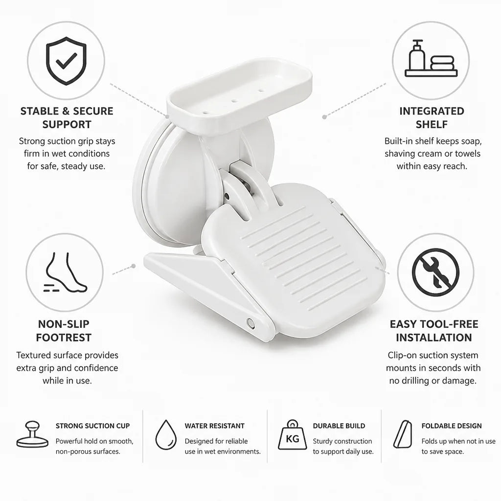 Shower Footrest Suction Mount Non-Slip Integrated Shelf