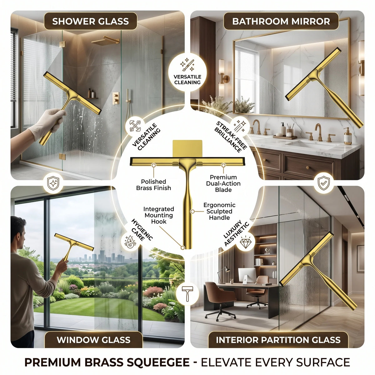 Shower Glass Squeegee Brass Streak-Free Wall-Mount Hook
