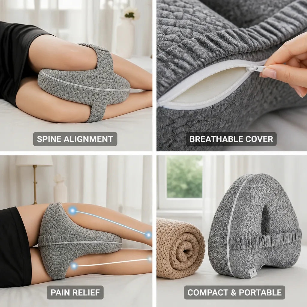 Side-Sleeper Knee Pillow Contoured Ergonomic Support Breathable Cover