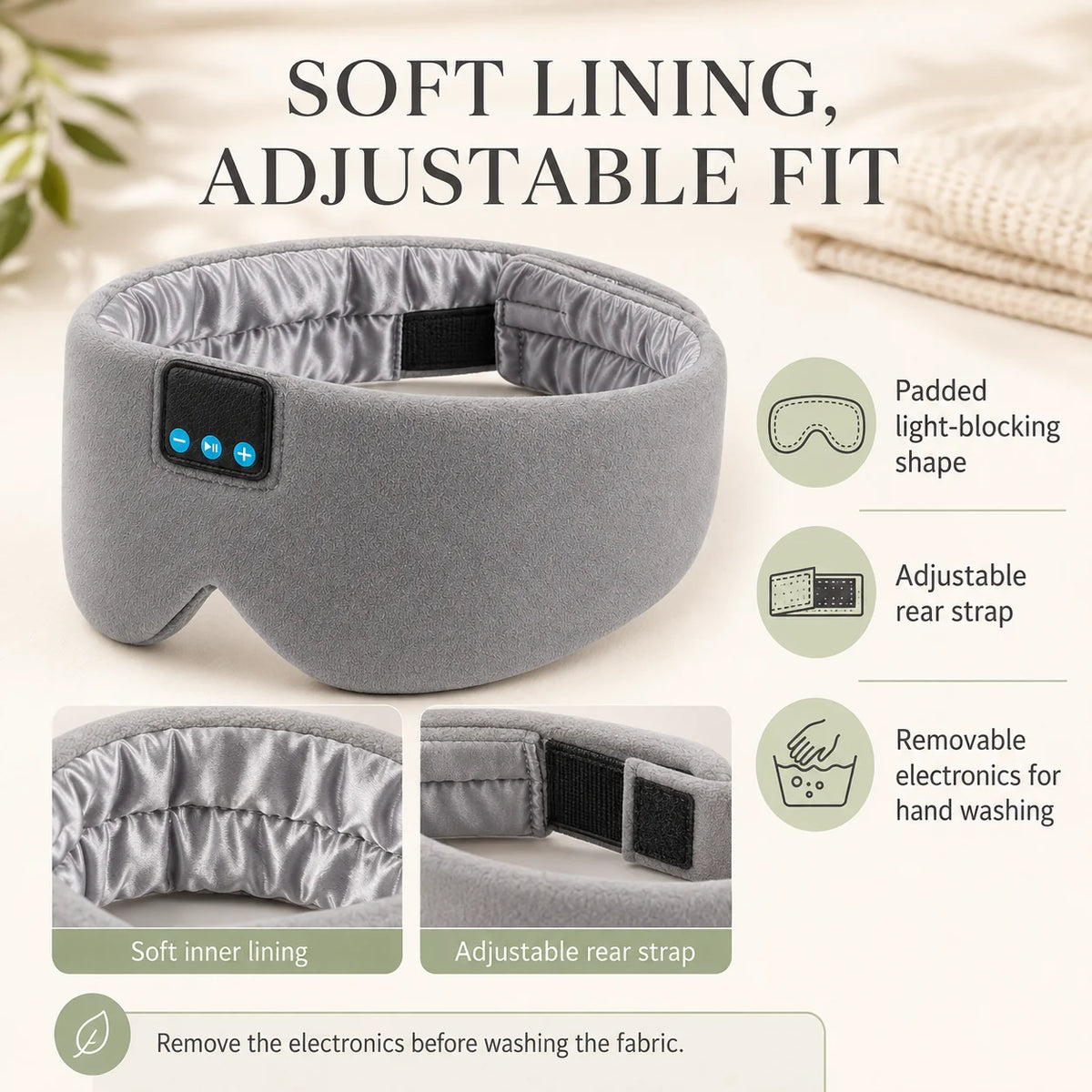 Sleep Mask Silk Lined Full Blackout Bluetooth 12-Hour Battery