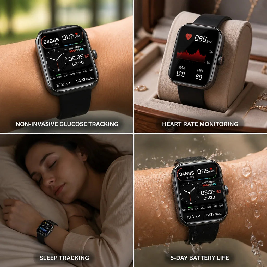 Smartwatch Non-Invasive Glucose Tracking Heart Rate & Sleep