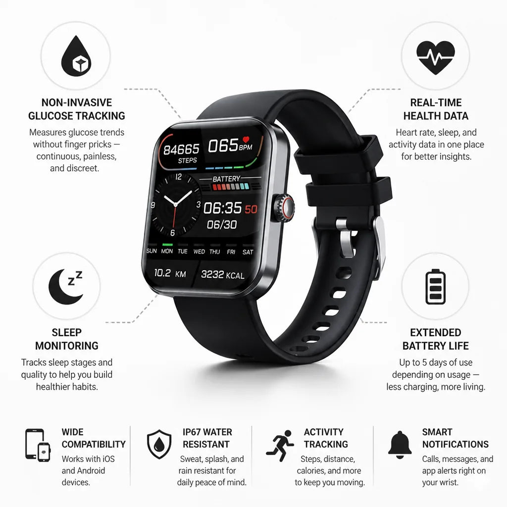 Smartwatch Non-Invasive Glucose Tracking Heart Rate & Sleep