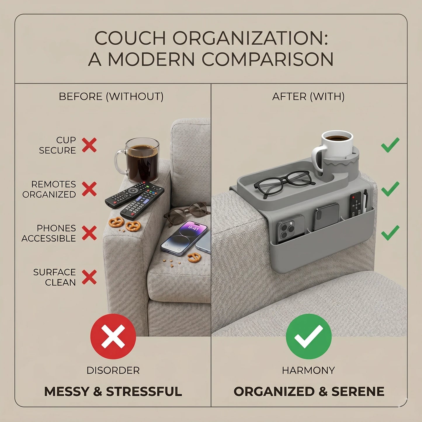 Sofa Arm Organizer Cup Holder & Multi-Compartment