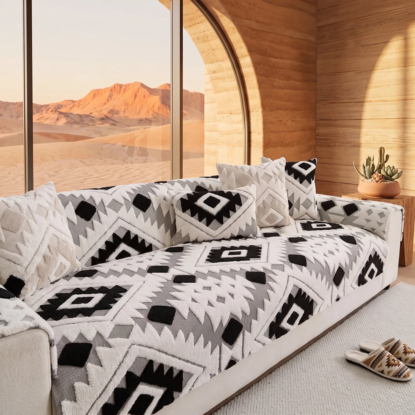 Sofa Cover Geometric Jacquard Plush Anti-Slip & Stretch Fit