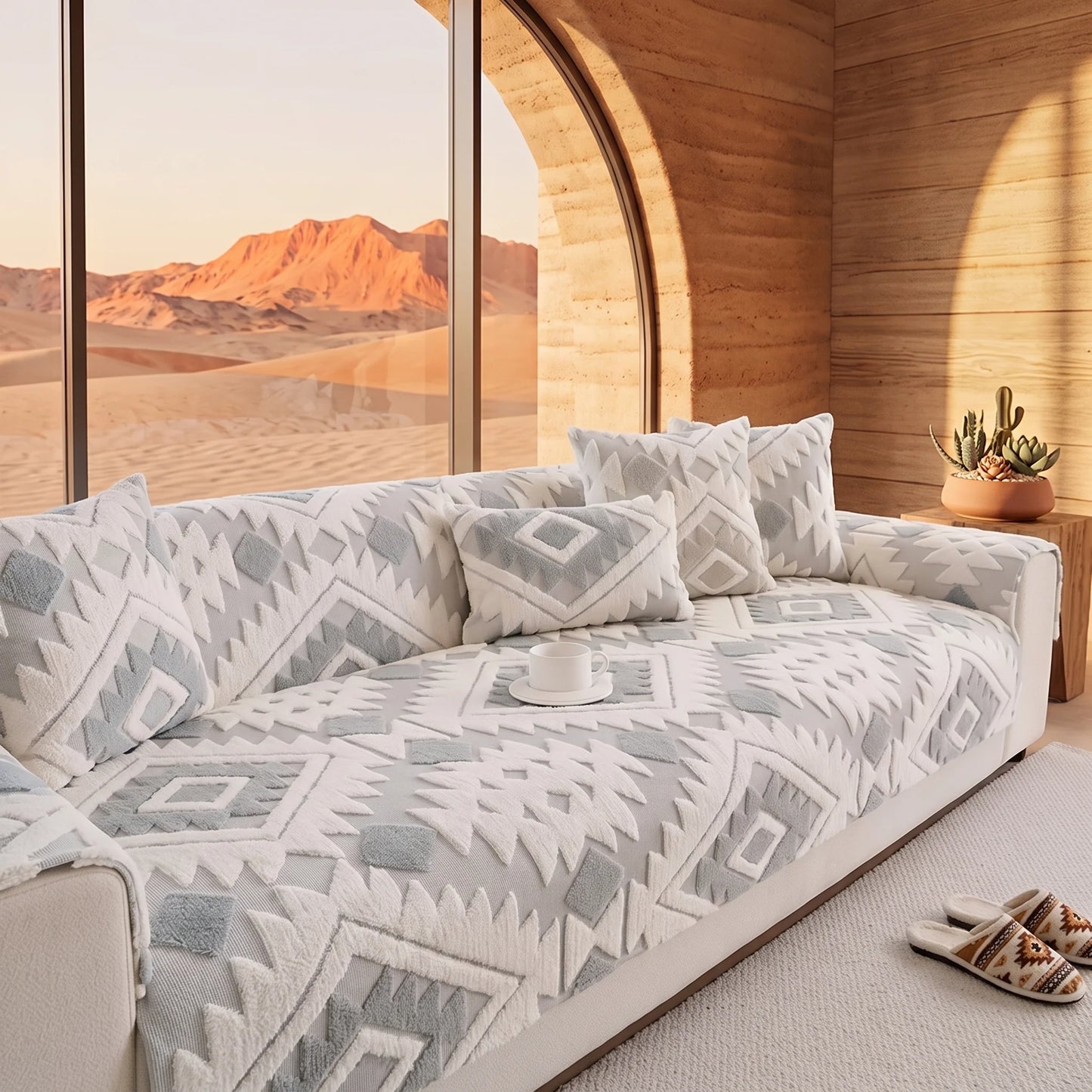 Sofa Cover Geometric Jacquard Plush Anti-Slip & Stretch Fit