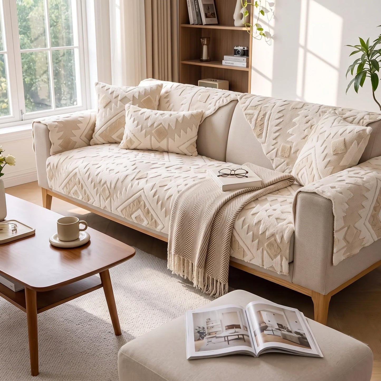 Sofa Cover Geometric Jacquard Plush Anti-Slip & Stretch Fit