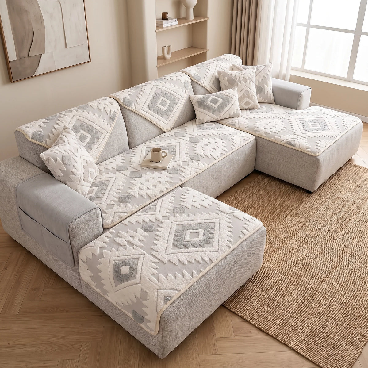 Sofa Cover Geometric Jacquard Plush Anti-Slip & Stretch Fit