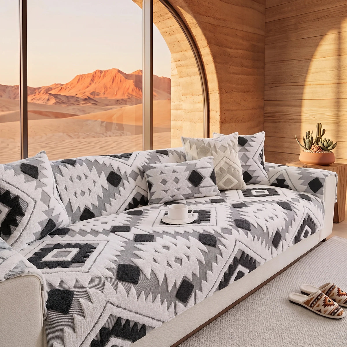 Sofa Cover Geometric Jacquard Plush Anti-Slip & Stretch Fit