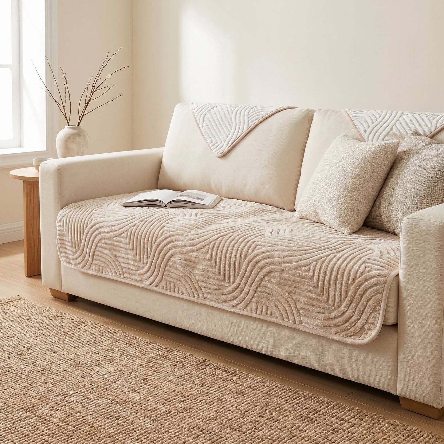 Sofa Cushion Cover Velvet Striped Non-Slip Backing