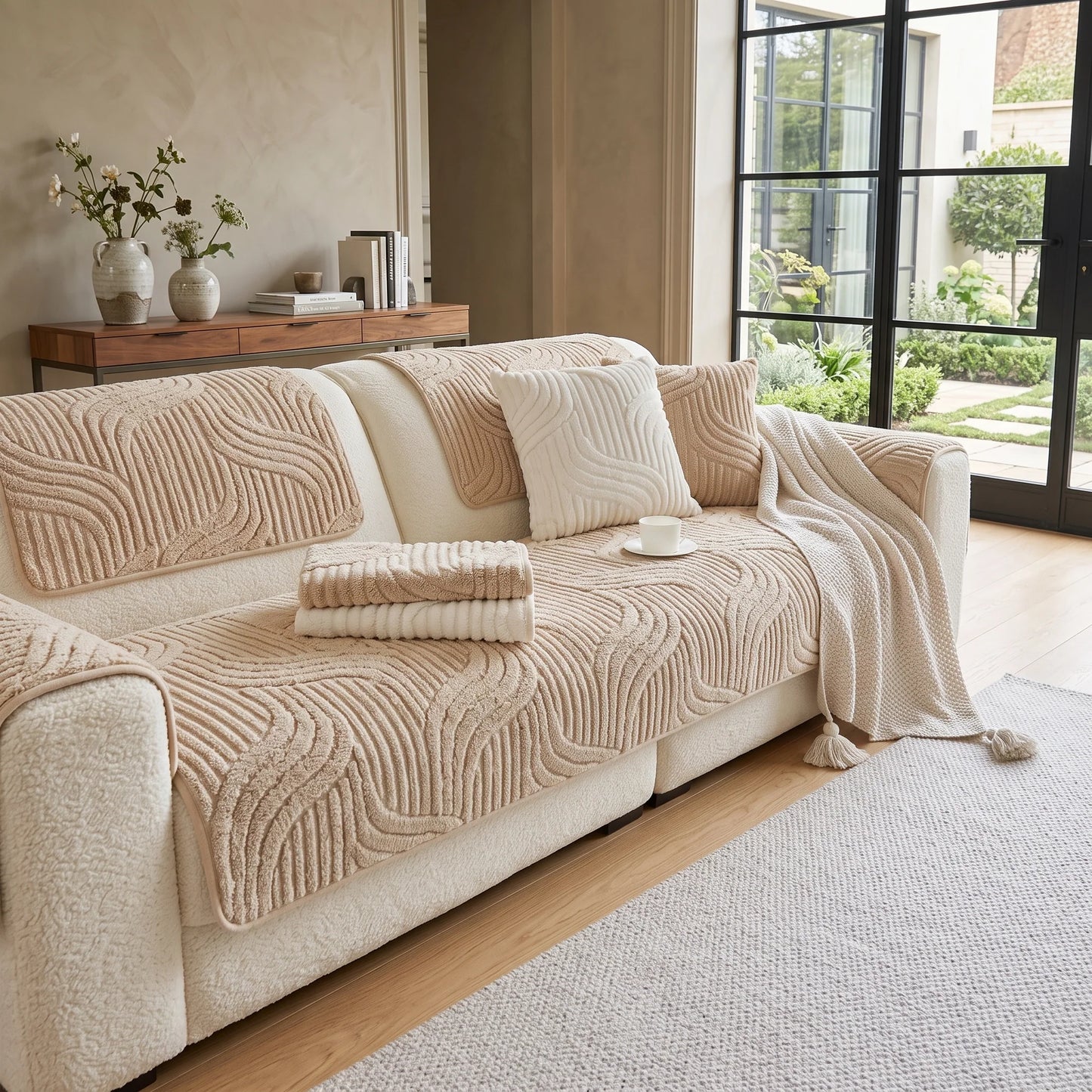 Sofa Cushion Cover Velvet Striped Non-Slip Backing
