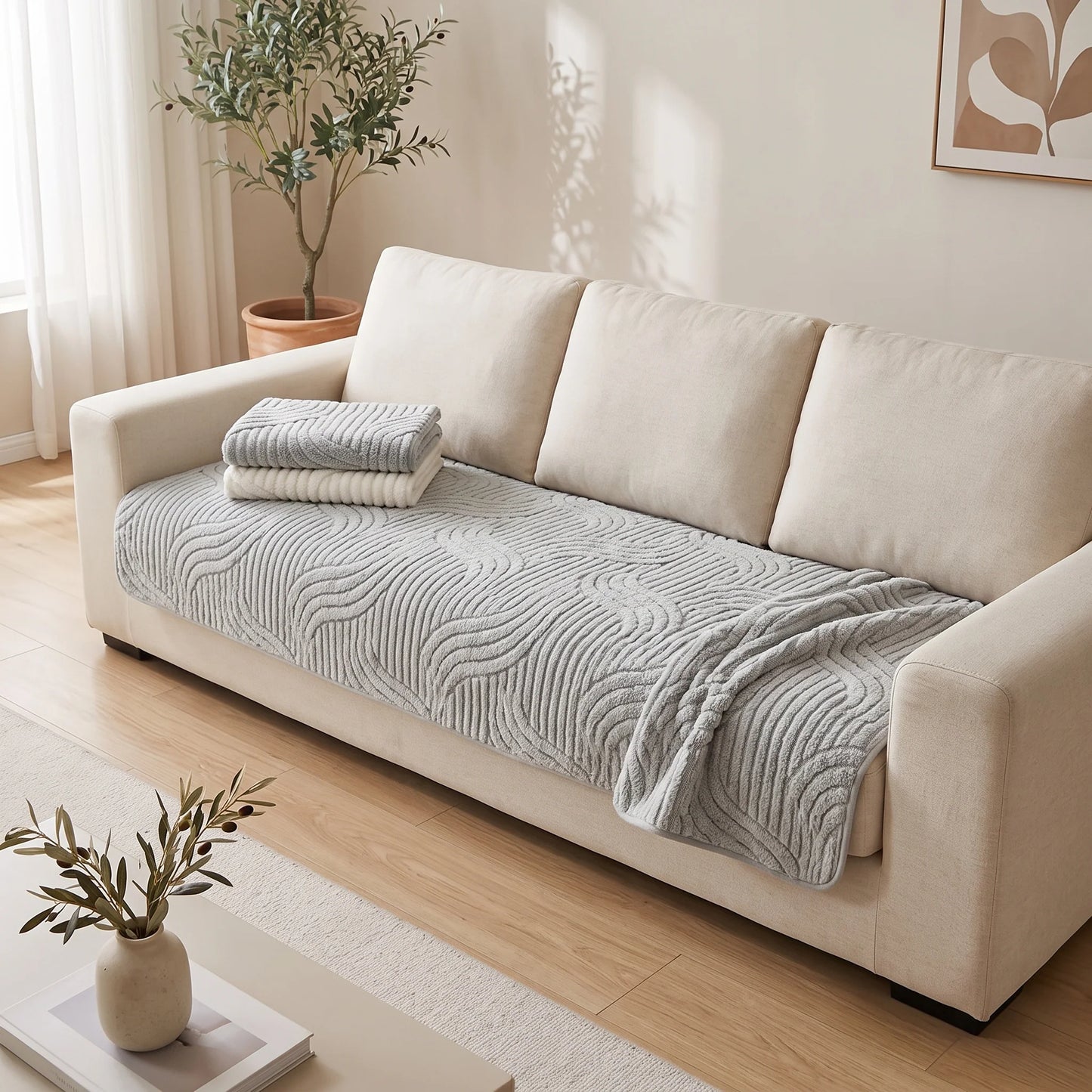 Sofa Cushion Cover Velvet Striped Non-Slip Backing