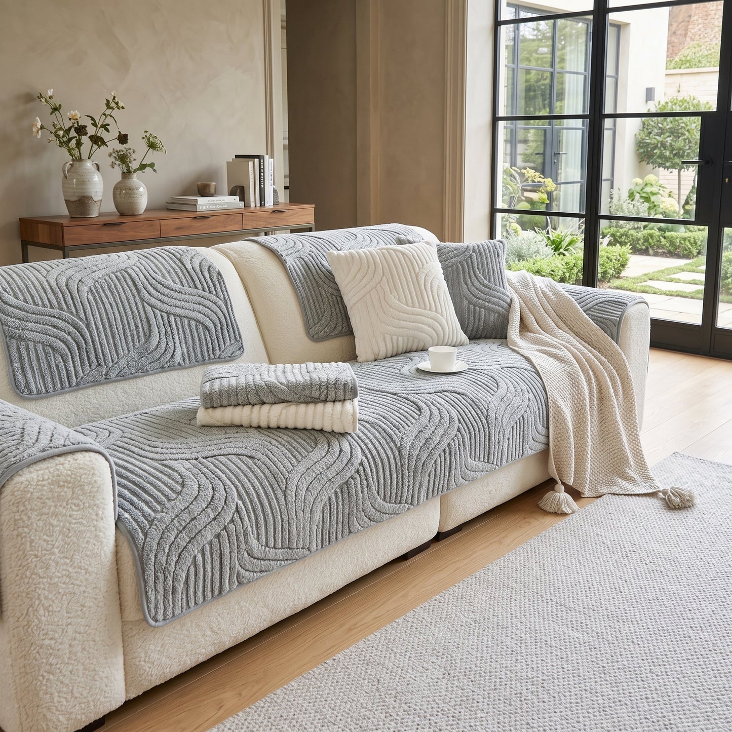 Sofa Cushion Cover Velvet Striped Non-Slip Backing