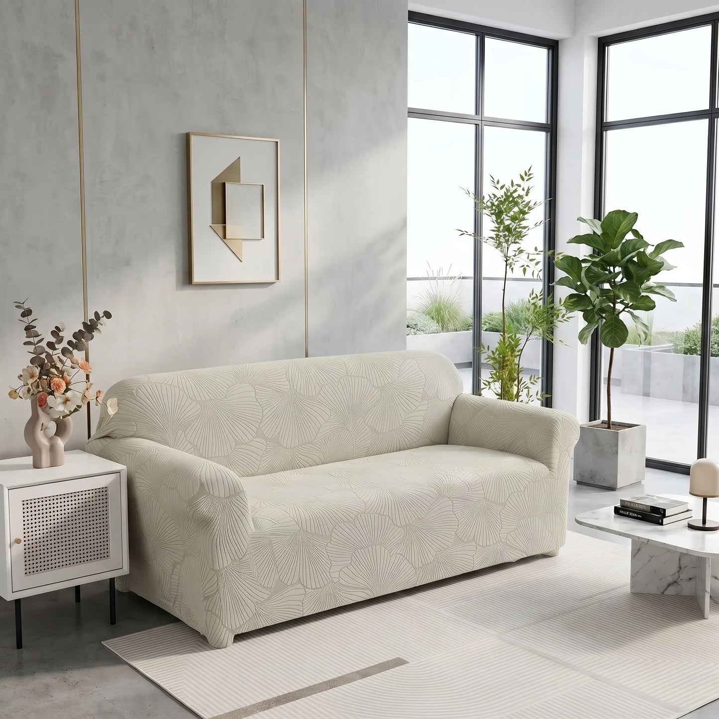 Sofa Slipcover Stretch Jacquard Leaf Pattern