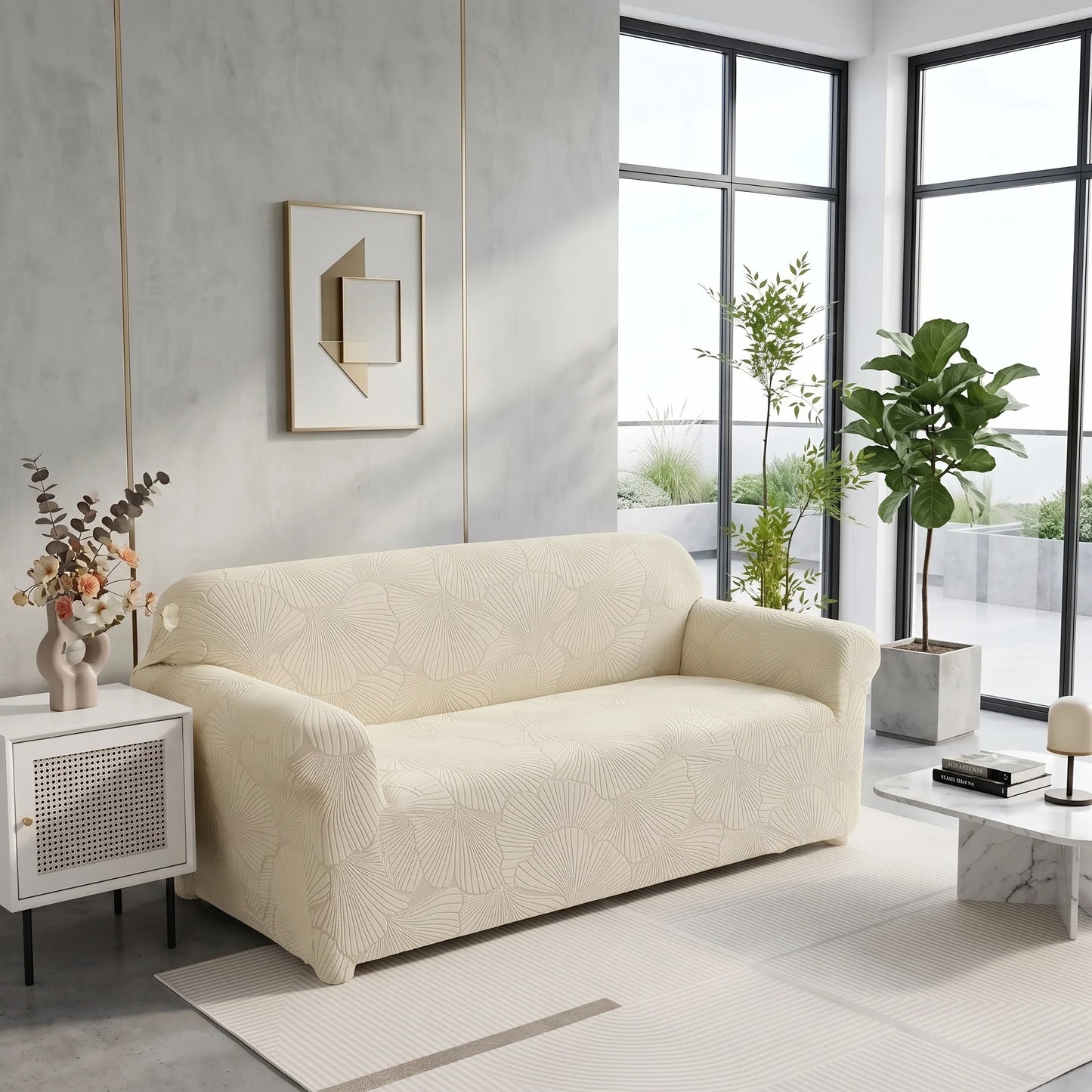 Sofa Slipcover Stretch Jacquard Leaf Pattern