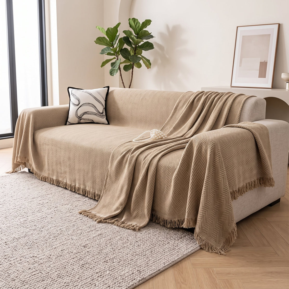 Sofa Throw Cover Chenille Herringbone & Tassel Edge